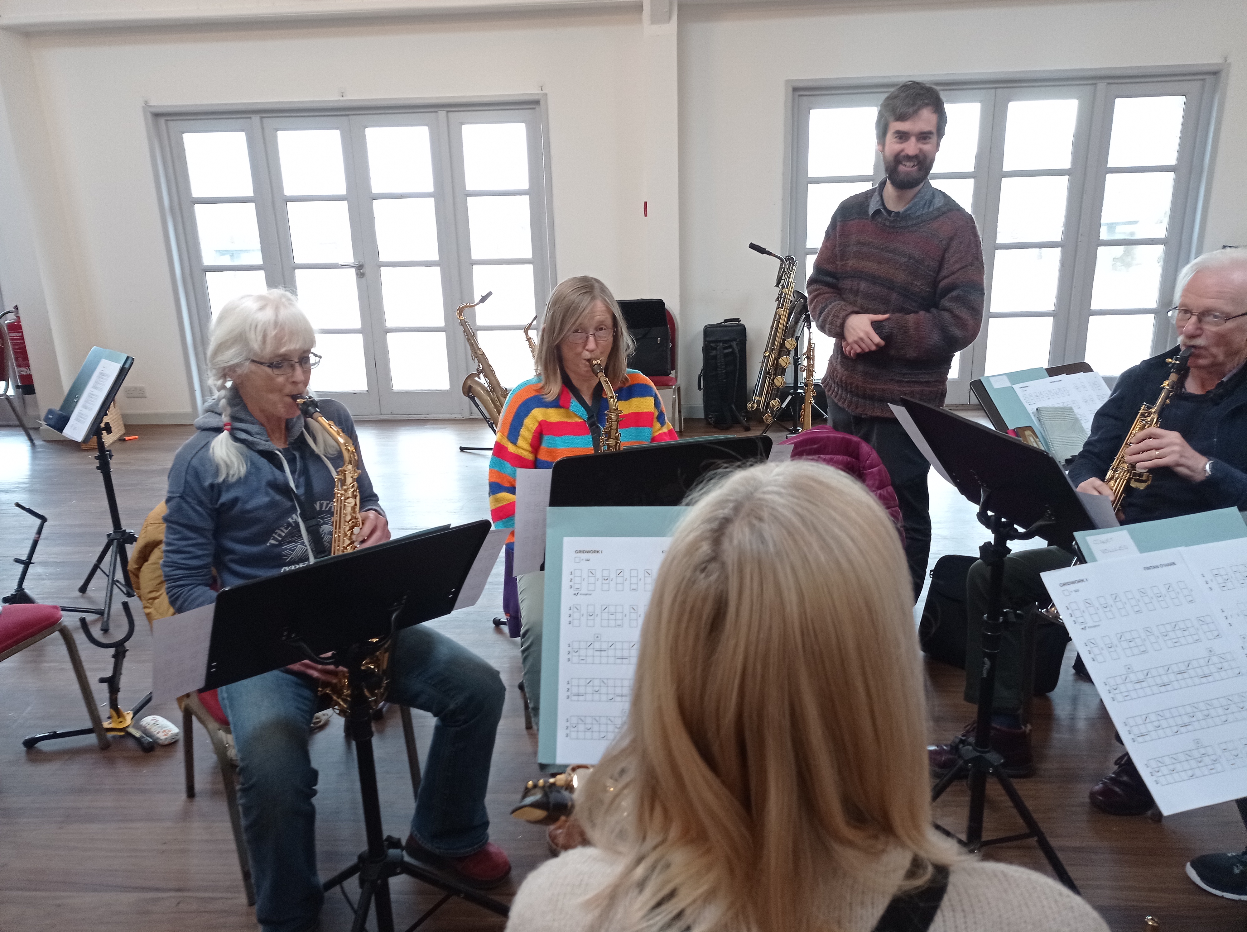 Cape Cornwall Saxophone Course - new music composer Fintan Ohare rehearses with saxophonists. Sax workshop, saxophone course