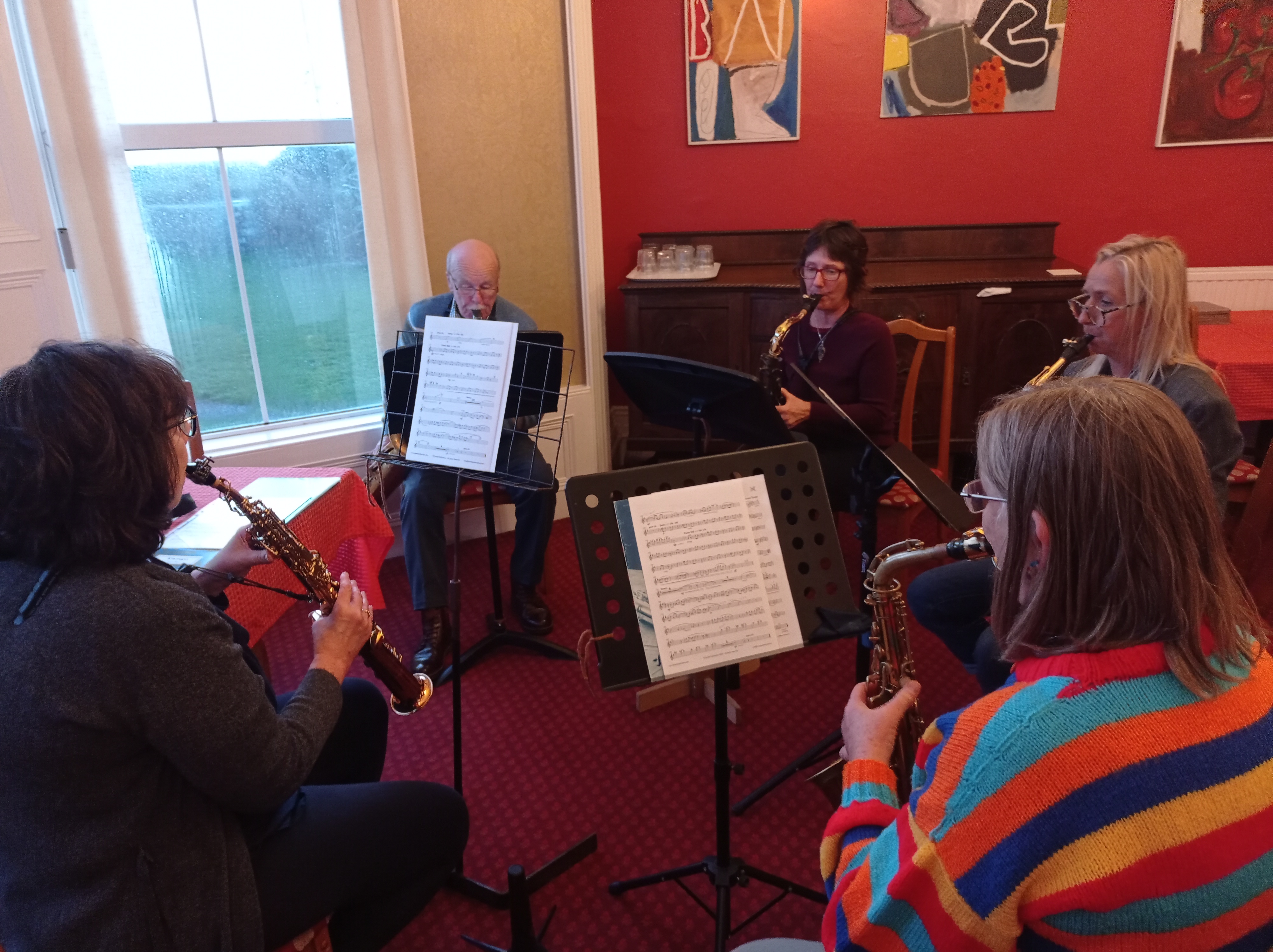 Cape Cornwall Saxophone Course - saxophonists rehearse in Boswedden House. Residential Saxophone course UK